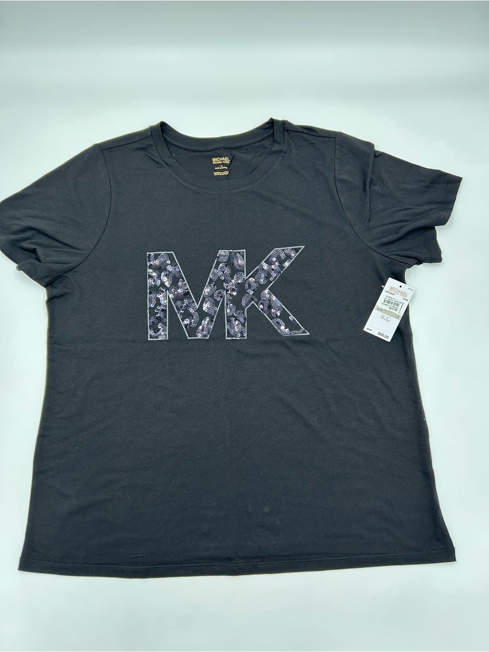 Michael Kors Black MK Sequin Logo Short Sleeve Tee 1X NWT